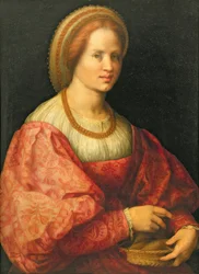 Porträt einer Frau mit einem Korb Spindeln, ca. 1514-17